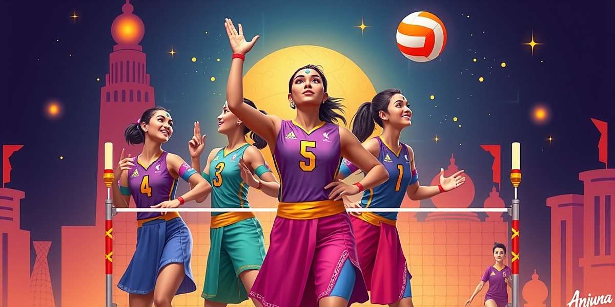 Anjuna Aces Women's Volleyball Expansion Concept art for upcoming women's volleyball expansion in Anjuna Aces featuring female players in colorful traditional attire