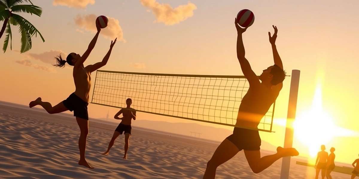 Anjuna Aces Volleyball Action Anjuna Aces gameplay showing players spiking the ball during an intense beach volleyball match at sunset