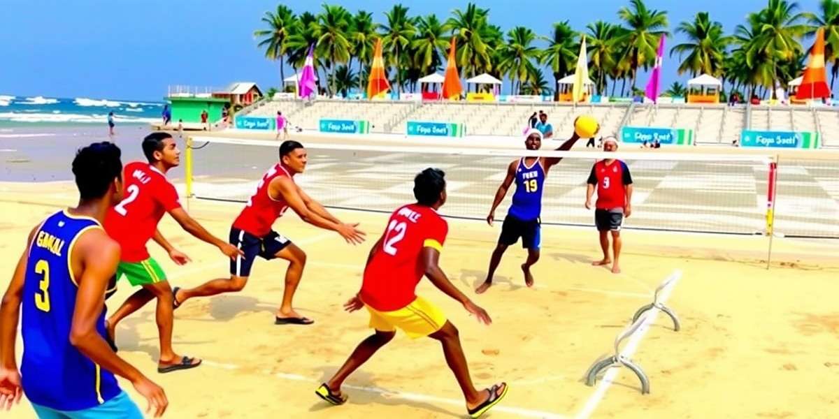 Anjuna Aces Multiplayer Competition Anjuna Aces multiplayer match showing teams from different Indian states competing on a vibrant beach court