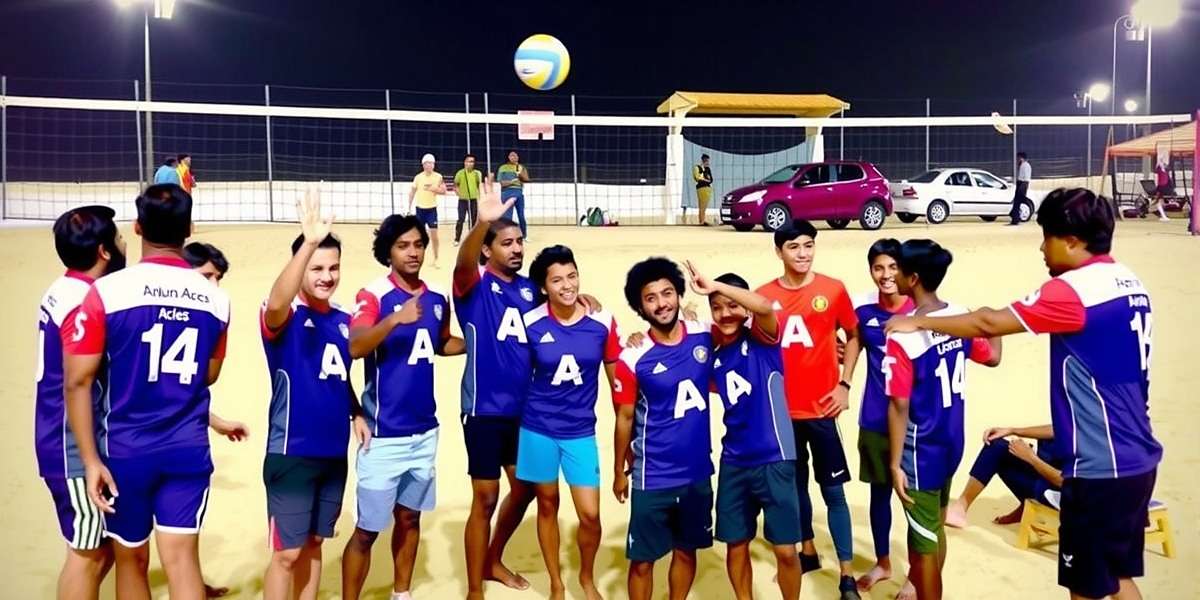 Anjuna Aces Community Meetup Anjuna Aces community meetup in Mumbai with players wearing team jerseys and participating in a real beach volleyball match